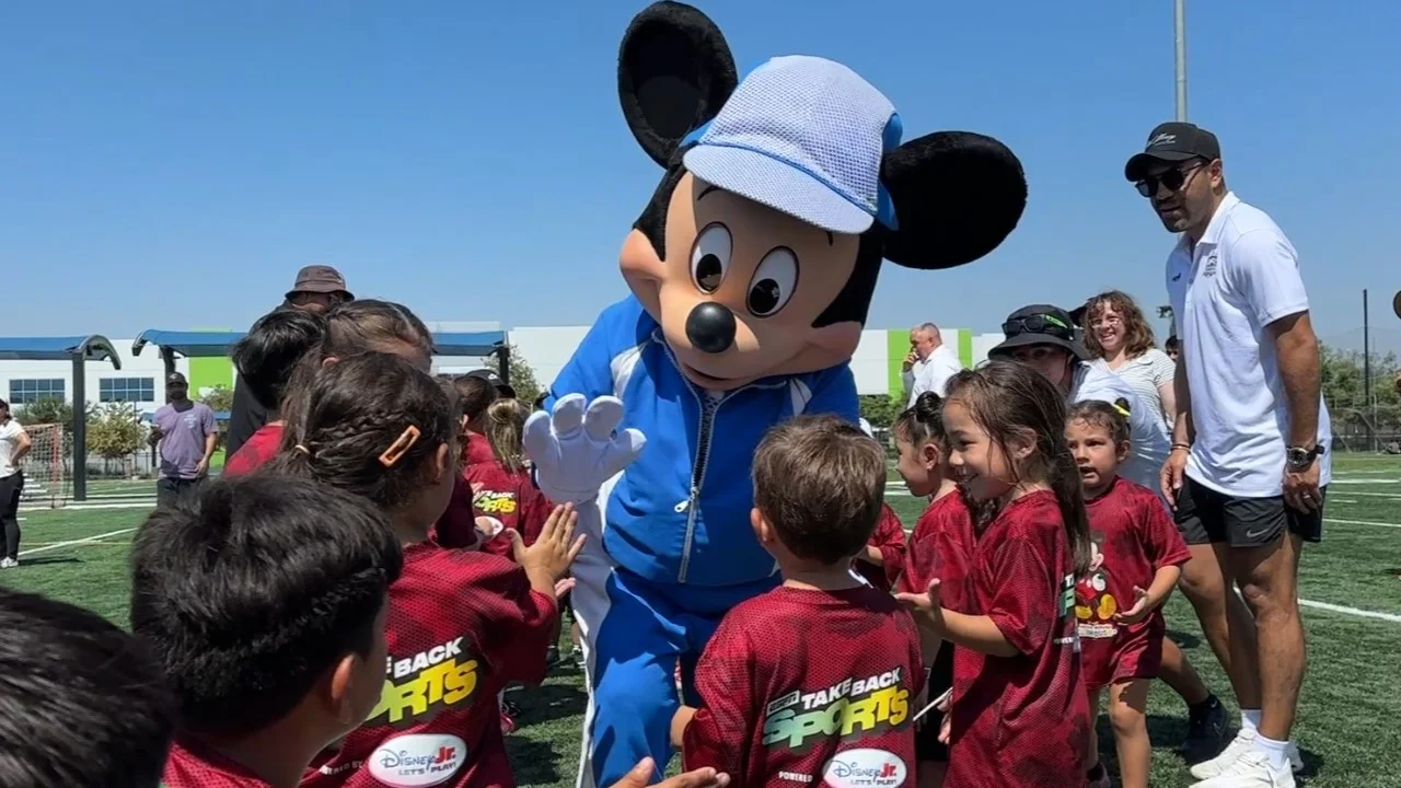 Disney Let's Play: Mickey Mouse surprises young soccer players in Fontana with Empire Strykers and A