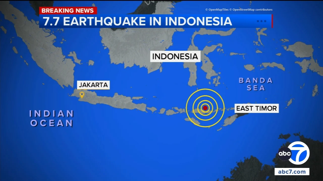 Magnitude 7.7 earthquake strikes off coast of Indonesia, toppling buildings and killing at least 5